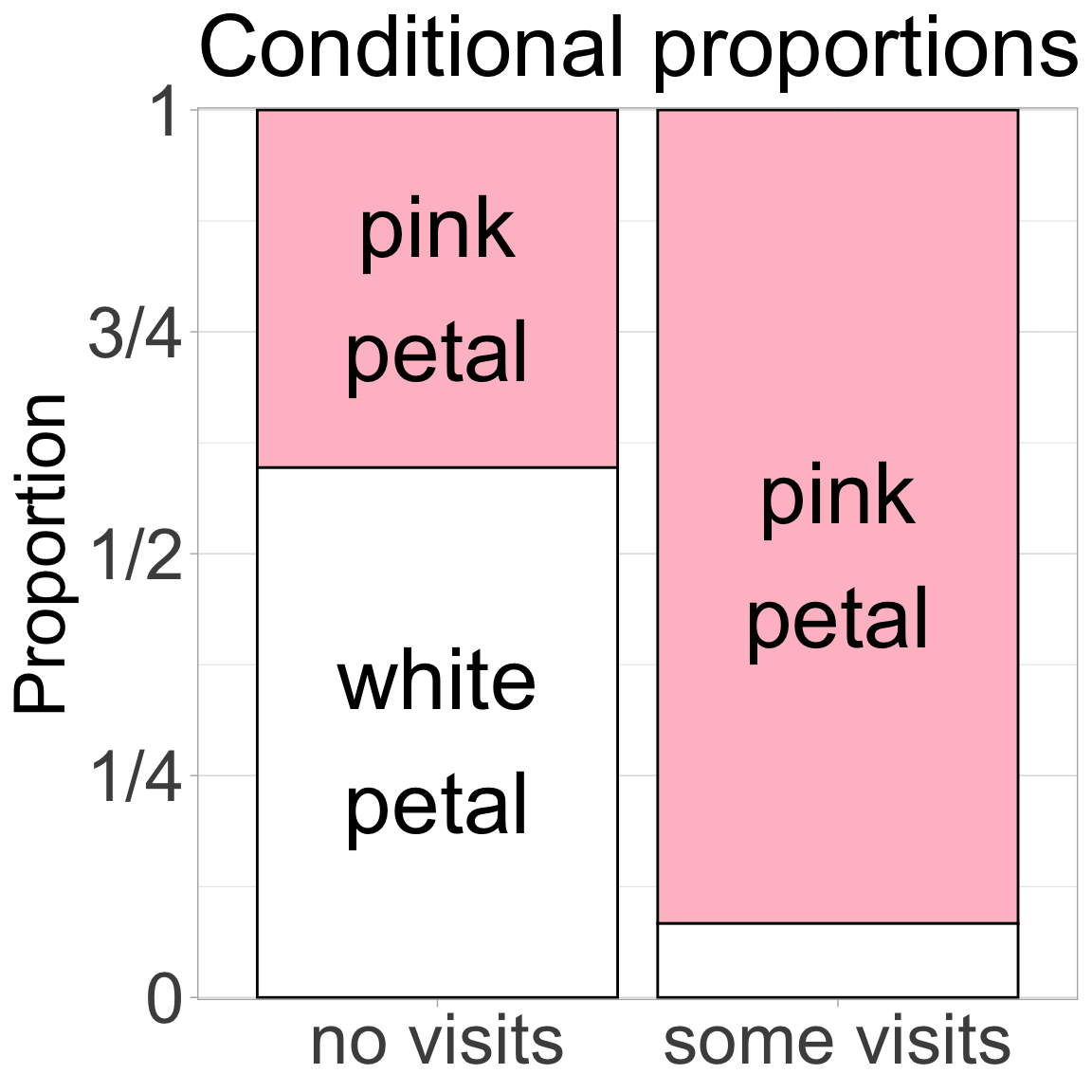 A bar plot showing the relationship between petal color (pink or white) and pollinator visitation (visited or not visited). Petal color is on the x-axis and proportion of flowers that were visited or not on the y-axis. This plot shows that pink flowers are more likely to be visited.