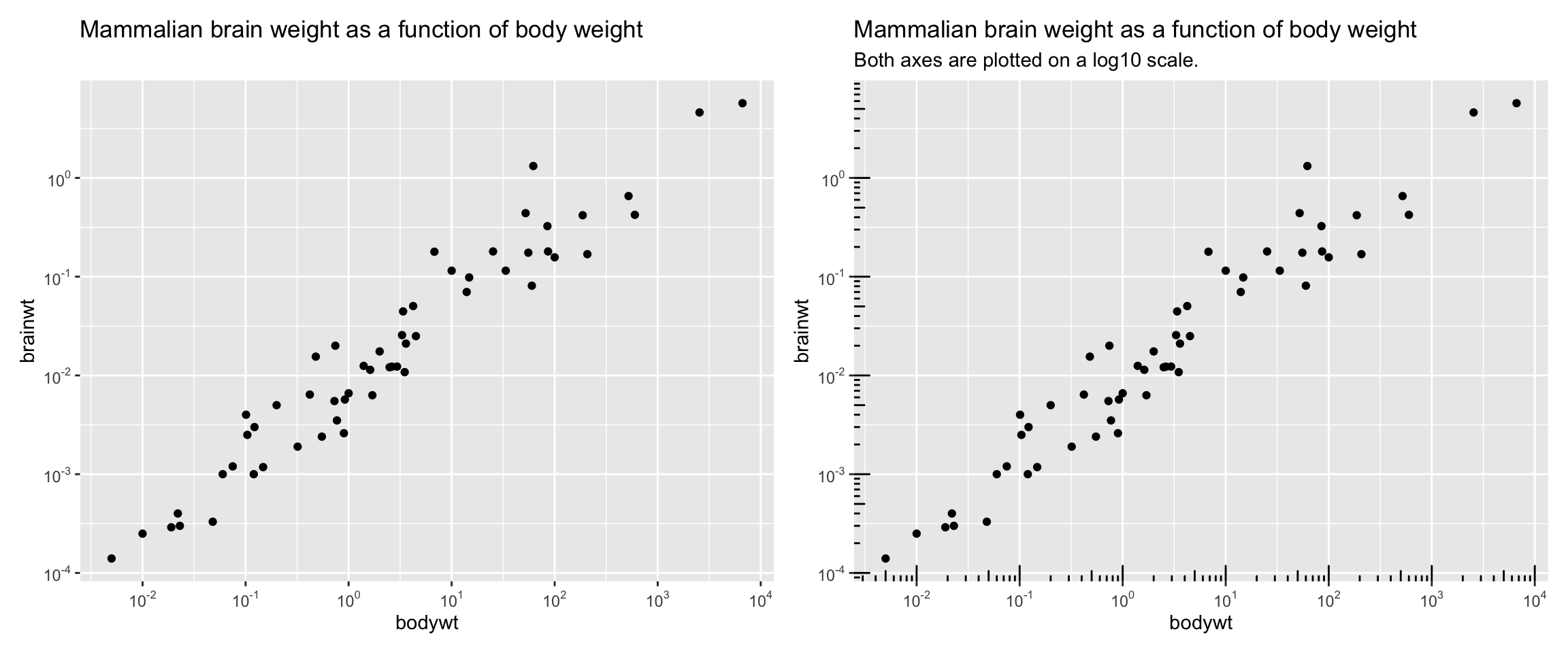 Two-panel scatterplot comparing brain weight to body weight for mammals, using log10 scales on both axes. Panel A uses labeled log10 breaks without tick marks. Panel B shows the same plot with small tick marks along the axes to reinforce the log scale visually.