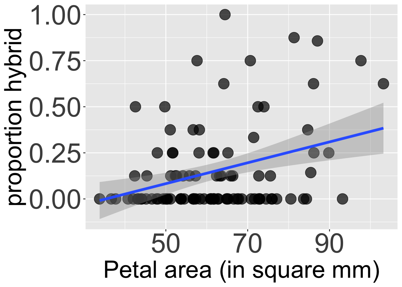 A scatter plot with petal area (in square mm) on the x-axis and proportion hybrid on the y-axis. The data points show a positive but noisy trend, with many points clustered near a proportion hybrid of zero. A solid blue line of best fit with a positive slope is drawn through the data, enclosed by a light gray, shaded confidence band.