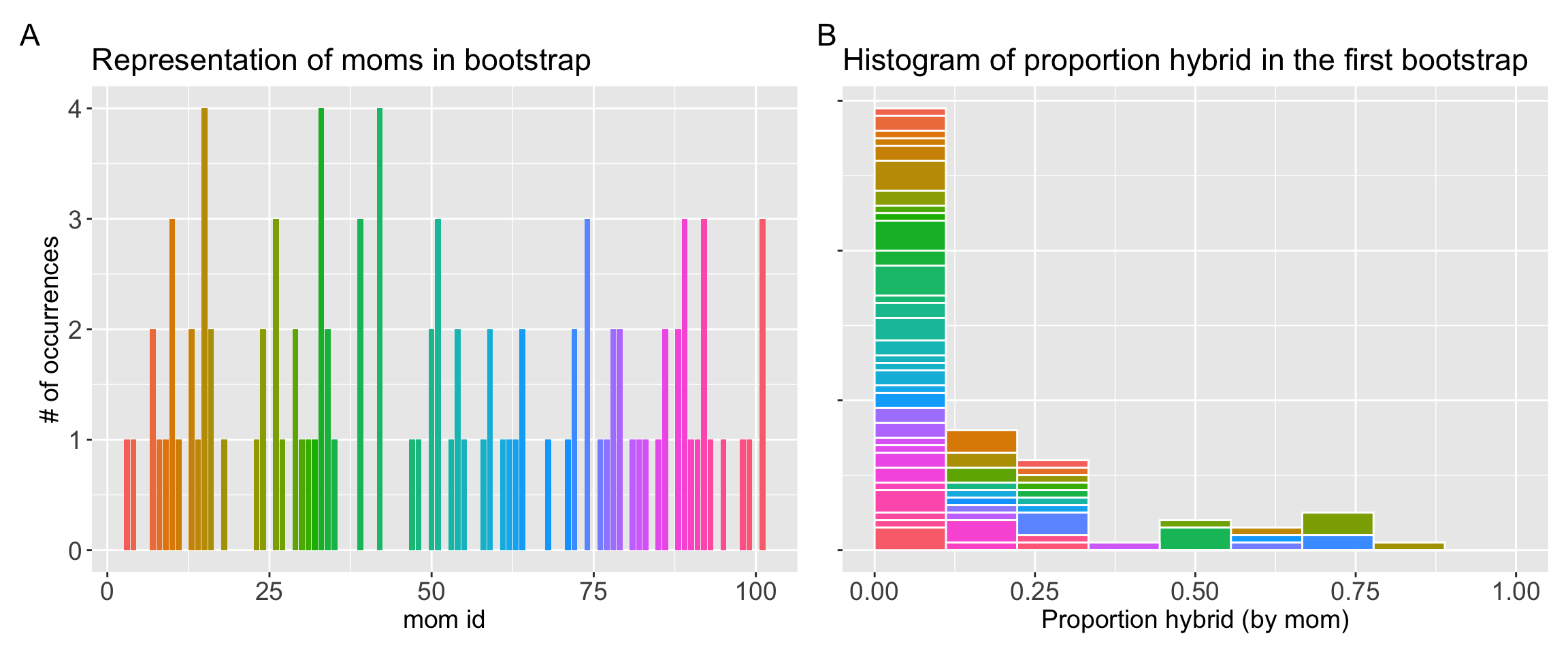 A two-panel plot, labeled A and B, that visualizes one bootstrap sample. Panel A is a bar chart showing how many times each individual was sampled. The  number of occurrences (y-axis), ranges from 0 to 4, indicating that some individuals were not chosen while others were chosen multiple times. Panel B is a histogram of proportion hybrid in the first bootstrap. Within each histogram bar, the colors show the individual mothers that fall into that bin's range.