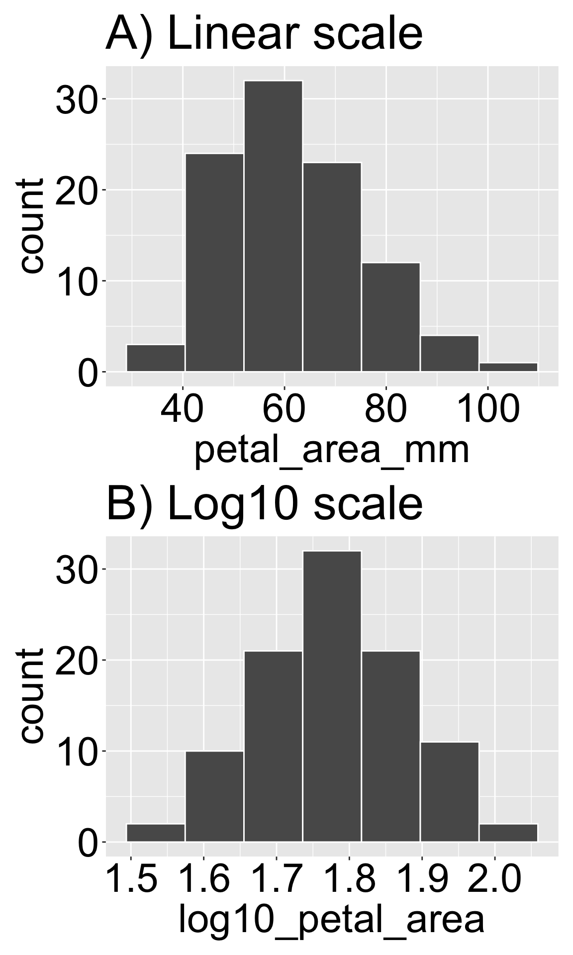 A two-panel histogram comparing the distribution of Clarkia petal area before and after a log10 transformation. Panel A, labeled "Linear scale," shows a right-skewed histogram of petal area (mm²), with most values concentrated on the lower end and a long tail extending toward larger values. Panel B, labeled "Log10 scale," shows the same data transformed using the log10 function, resulting in a more symmetric, bell-shaped distribution.