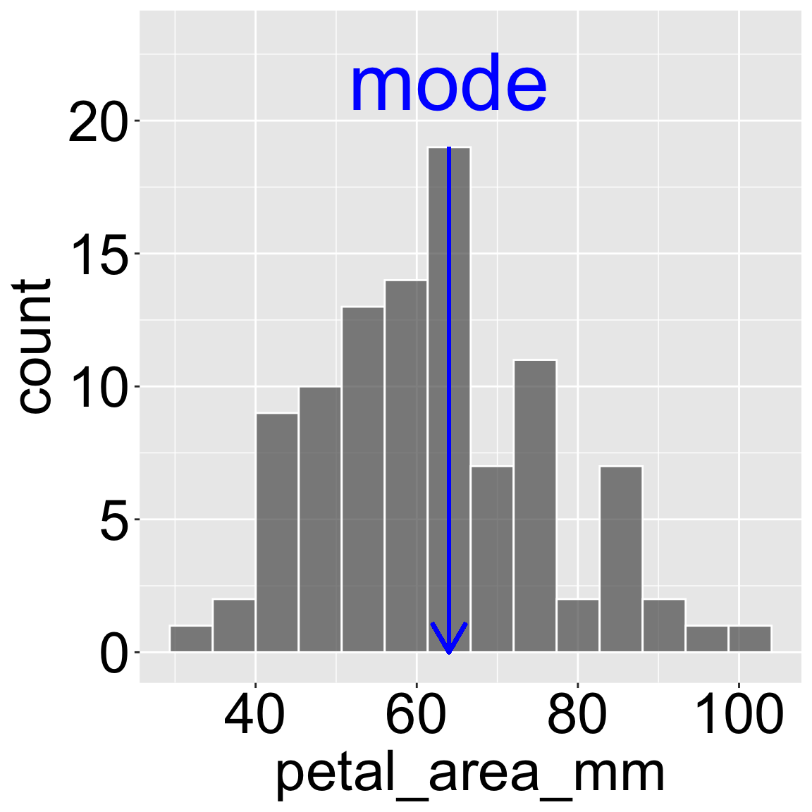 A histogram showing the distribution of petal area (mm) in Clarkia. The x-axis represents petal area values, while the y-axis shows the count of observations. A blue vertical line and an arrow highlight the mode, the most frequently occurring value, with the word 'mode' in bold blue text above the peak.