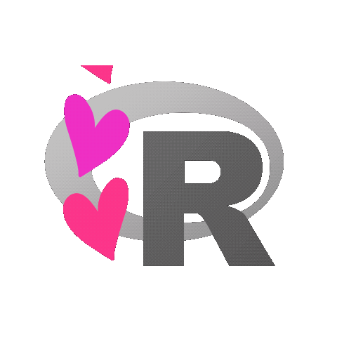 Animated gif of the R logo with magenta and red hearts moving upward in a loop to the left of the "R."